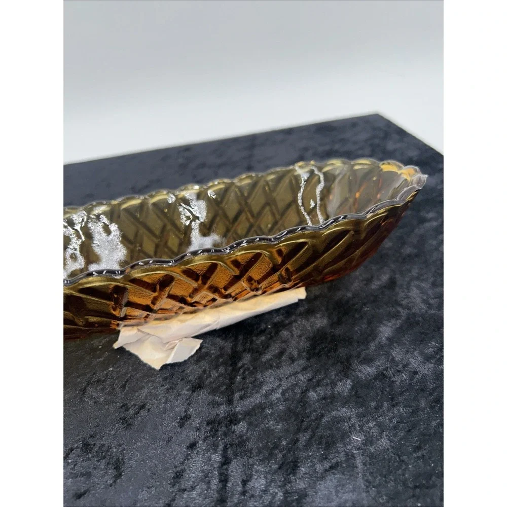 Vintage Indiana Amber Carnival Glass Oval Dish Relish Dish‎ Pretzel Basket Weave